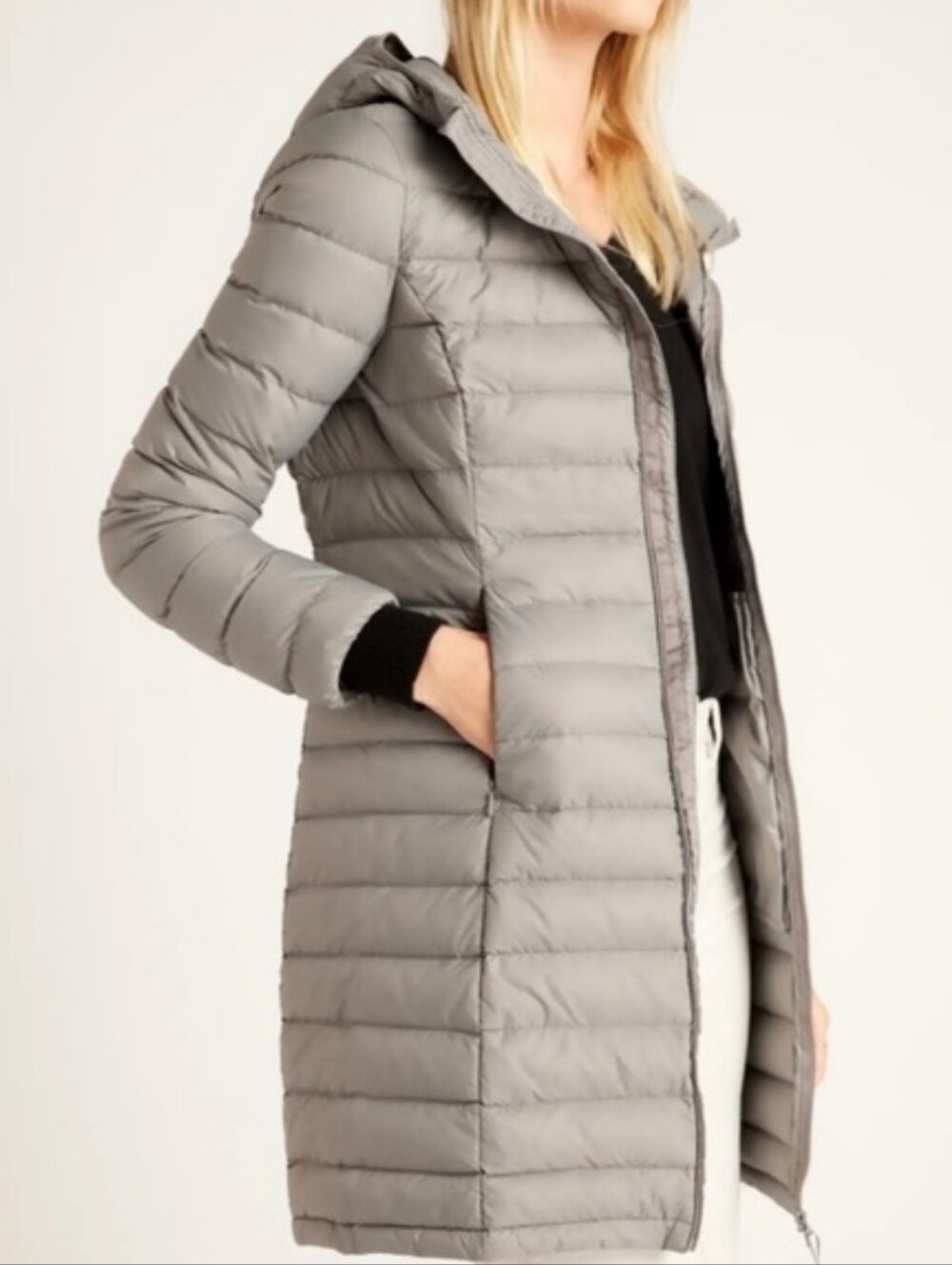 Quince Lightweight Down Long Puffer Jacket M Packable Grey Winter Fall Pockets